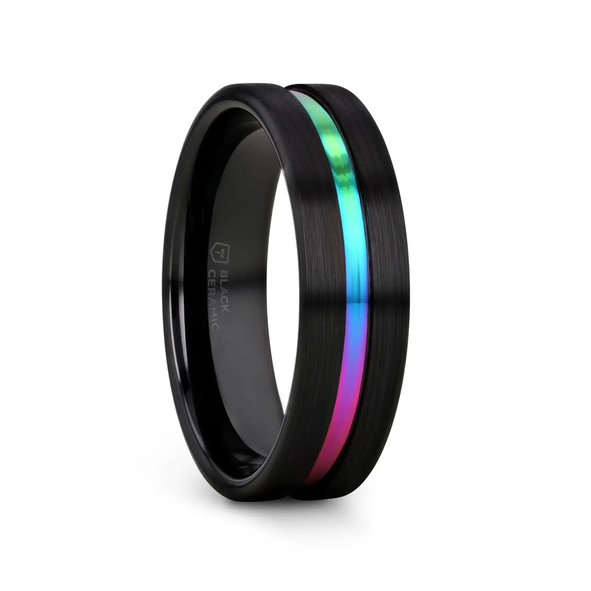 AZURE Flat Black Ceramic Ring Brushed with Rainbow Groove - 4mm - 8mm
