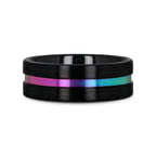 AZURE Flat Black Ceramic Ring Brushed with Rainbow Groove - 4mm - 8mm