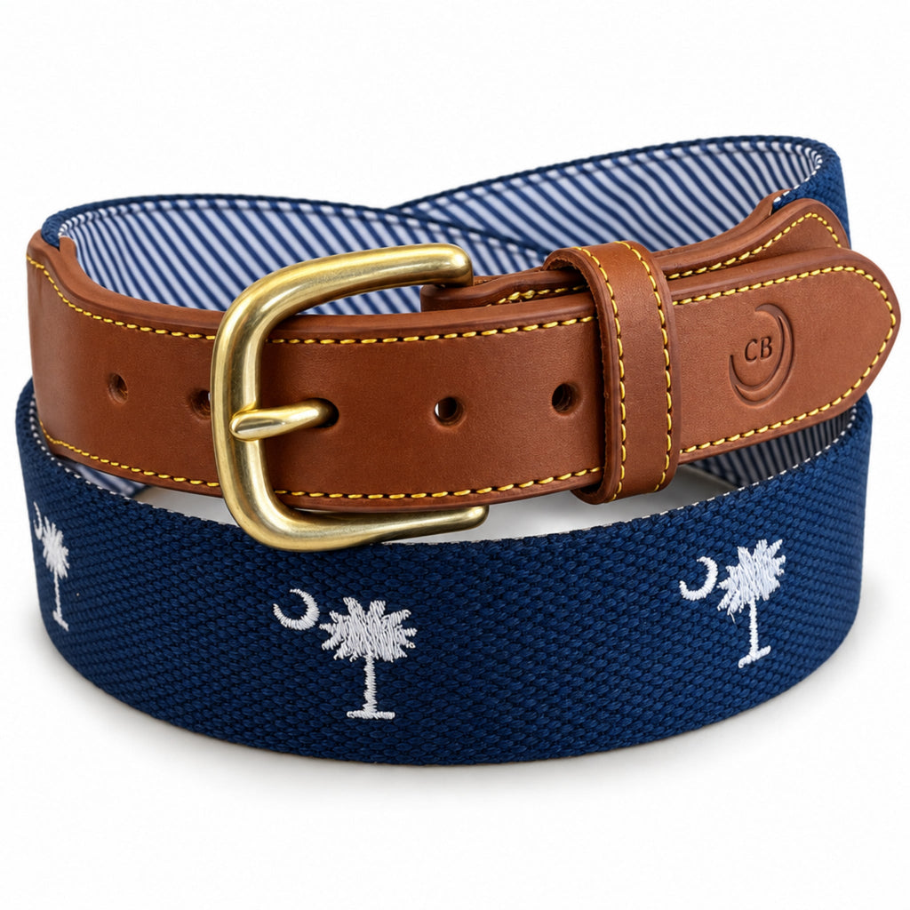 SC State Flag Belt Crescent Moon Palmetto Tree on Navy Blue Cotton Web