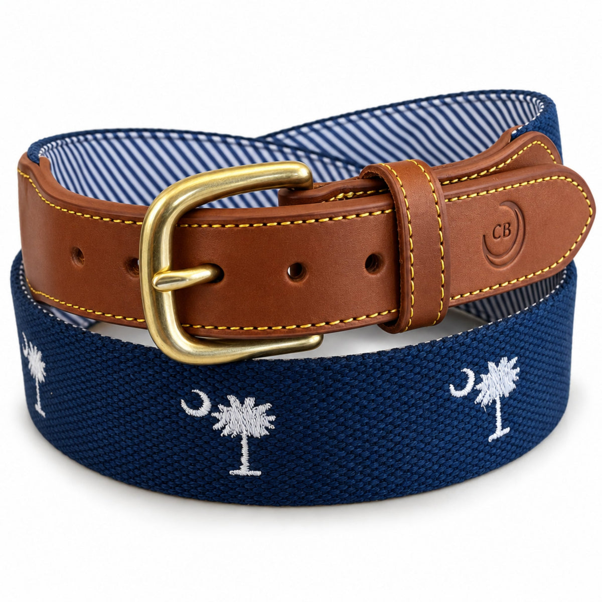 SC State Flag Belt Crescent Moon Palmetto Tree on Navy Blue Cotton Web