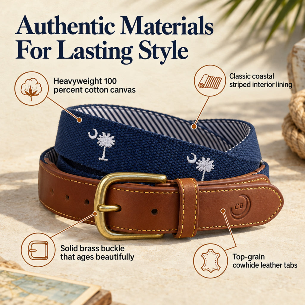 SC State Flag Belt Crescent Moon Palmetto Tree on Navy Blue Cotton Web