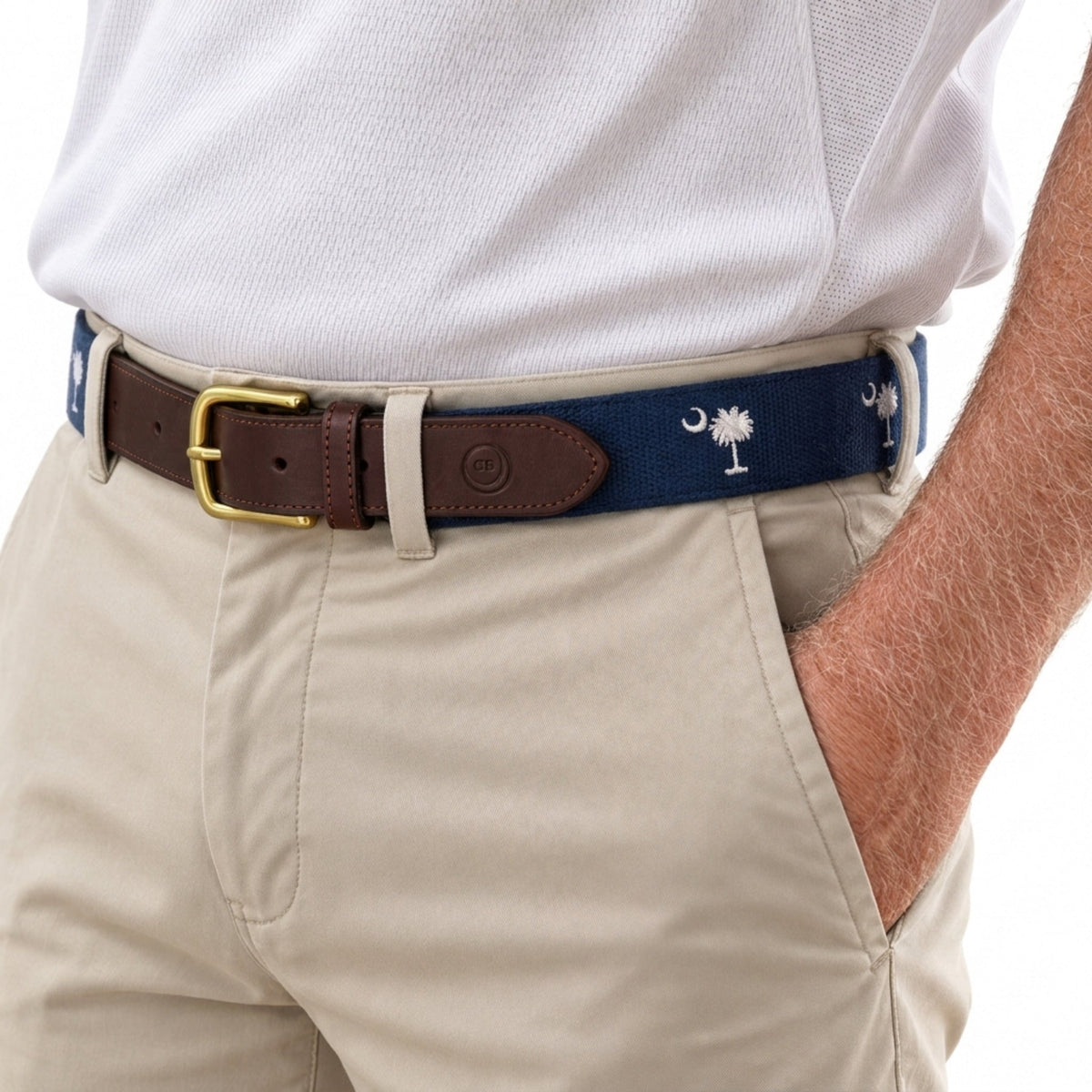 SC State Flag Belt Crescent Moon Palmetto Tree on Navy Blue Cotton Web
