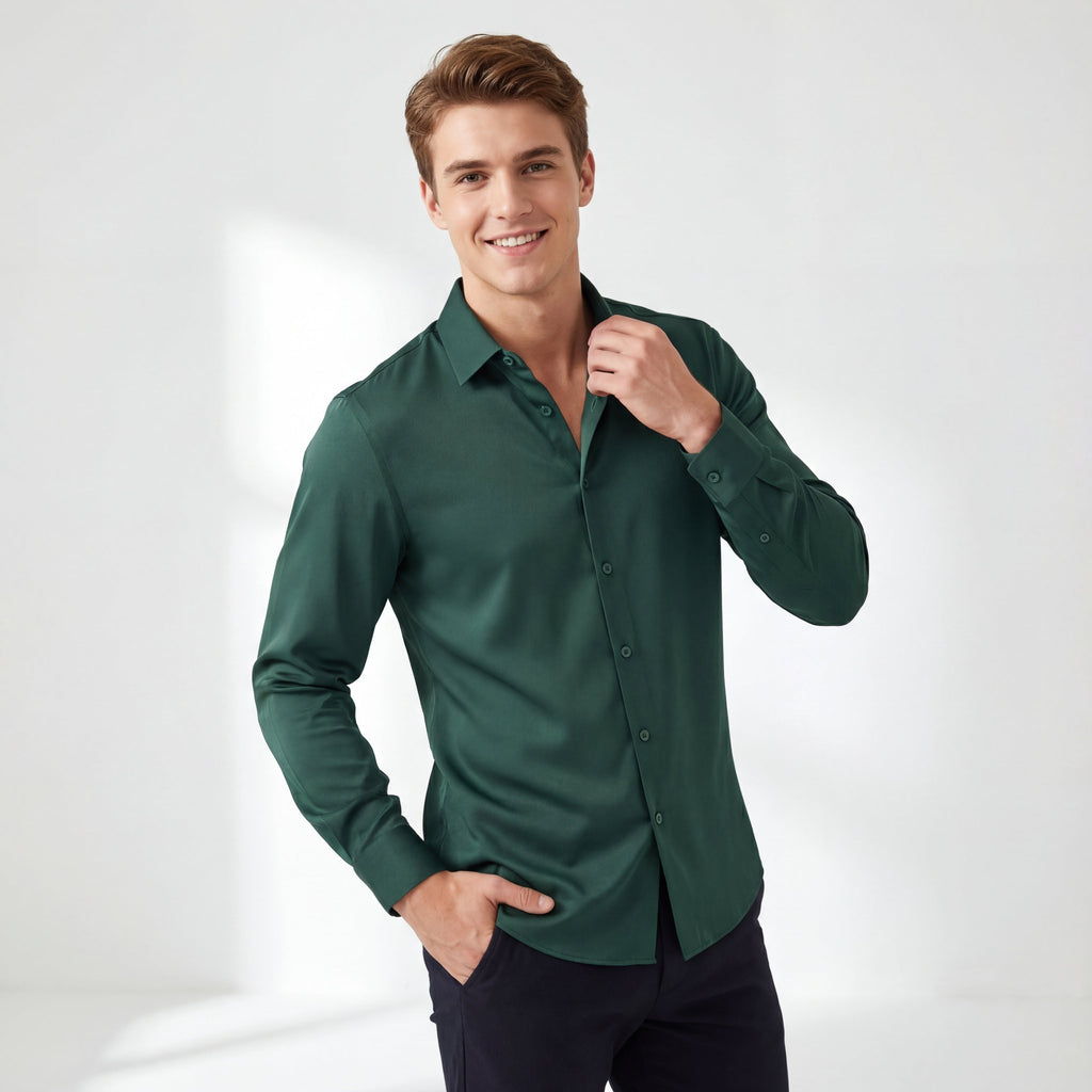 SIGNATURE SATIN STITCHLESS LS Shirt FOREST GREEN
