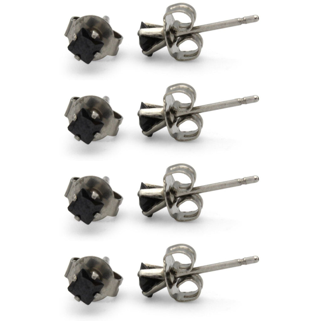 Cubic Zirconia Square Black Stud Earrings Set Of 4 Stainless Steel Jewelry Men Women