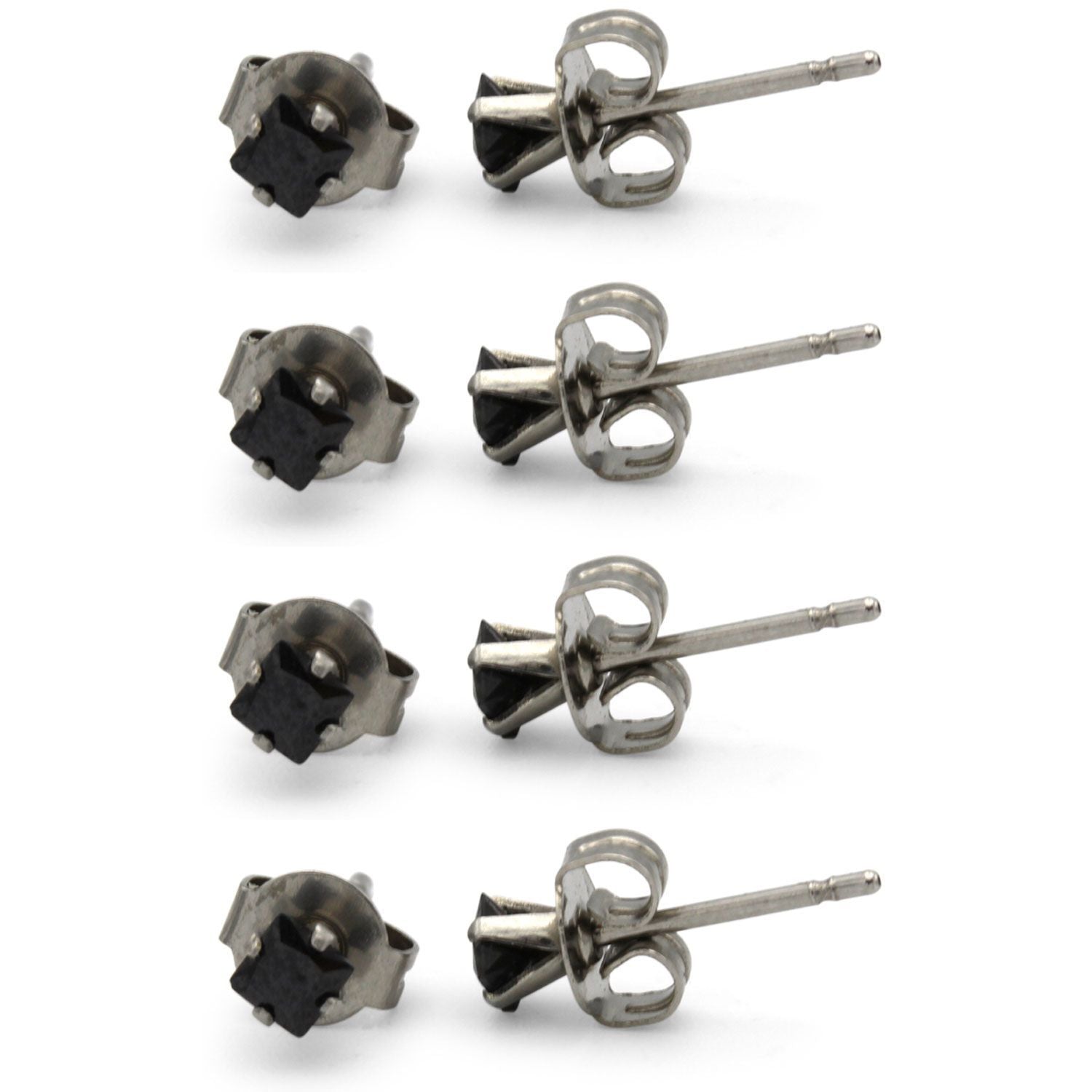 Cubic Zirconia Square Black Stud Earrings Set Of 4 Stainless Steel Jewelry Men Women