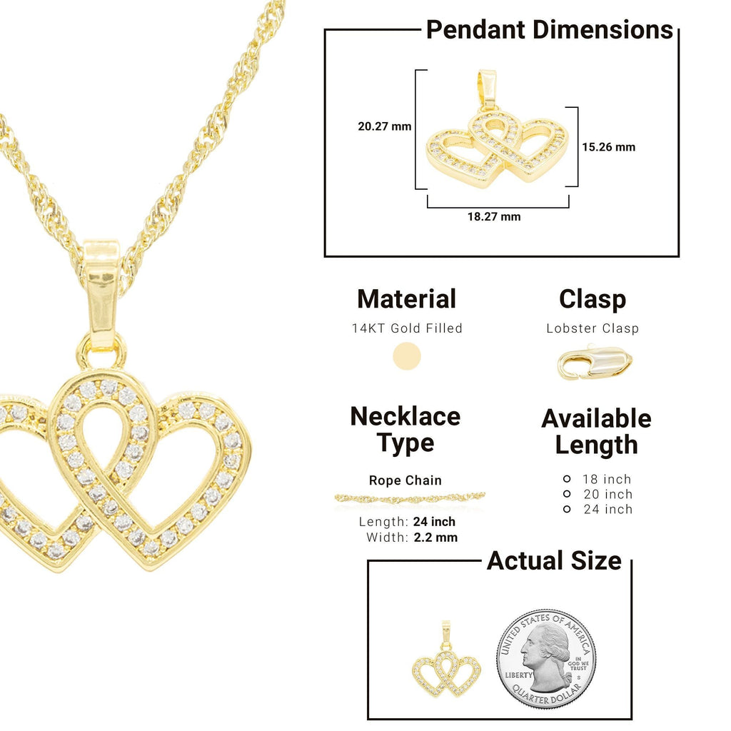 Cubic Zirconia 14K Gold Filled Connected Hearts Pendant Necklace Set