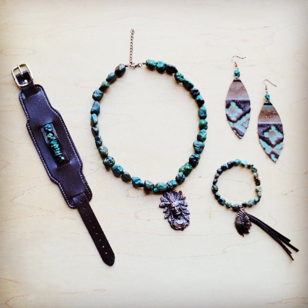 **Wide Dark Leather Cuff with Natural Turquoise Chunks 011y