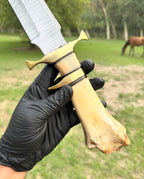 Damascus Steel Camping Knife with Brass Guard and Camel Bone Handle"