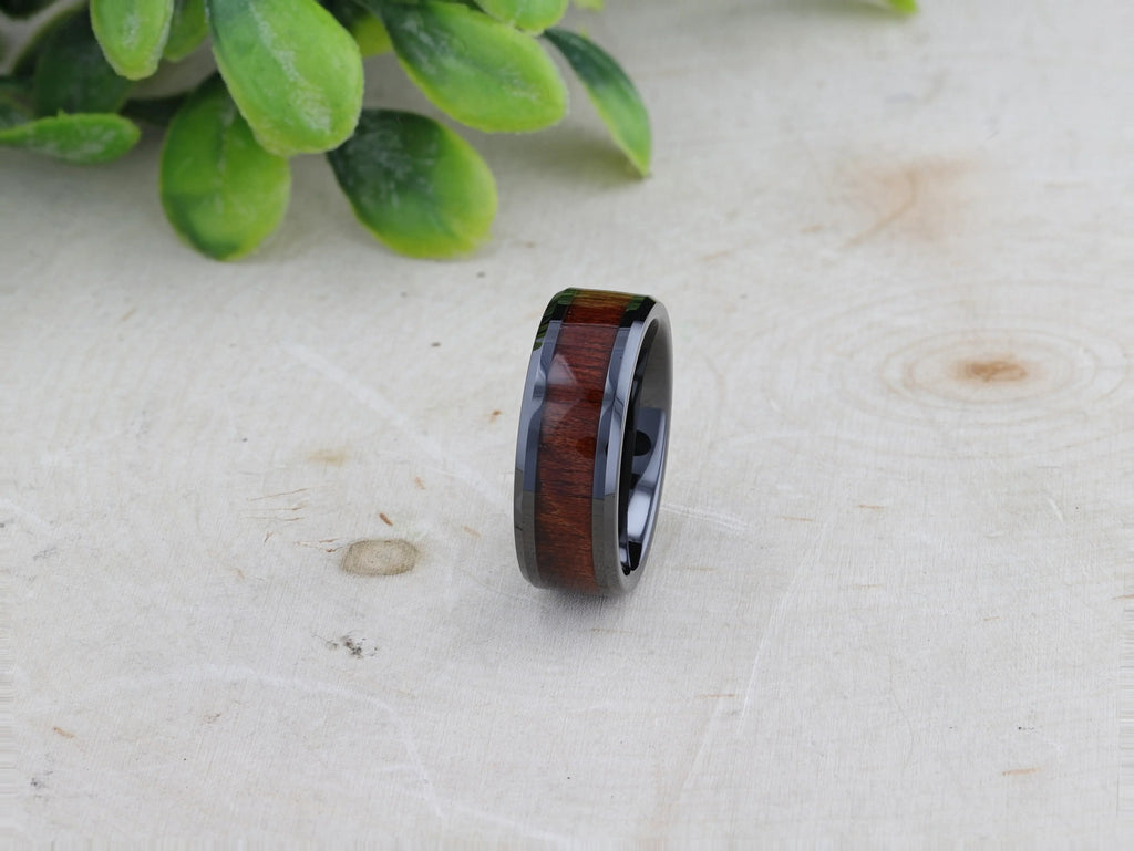 BENNY Black Ceramic Polished Beveled Edges Men’s Wedding Band with Bubinga Wood Inlay - 8mm