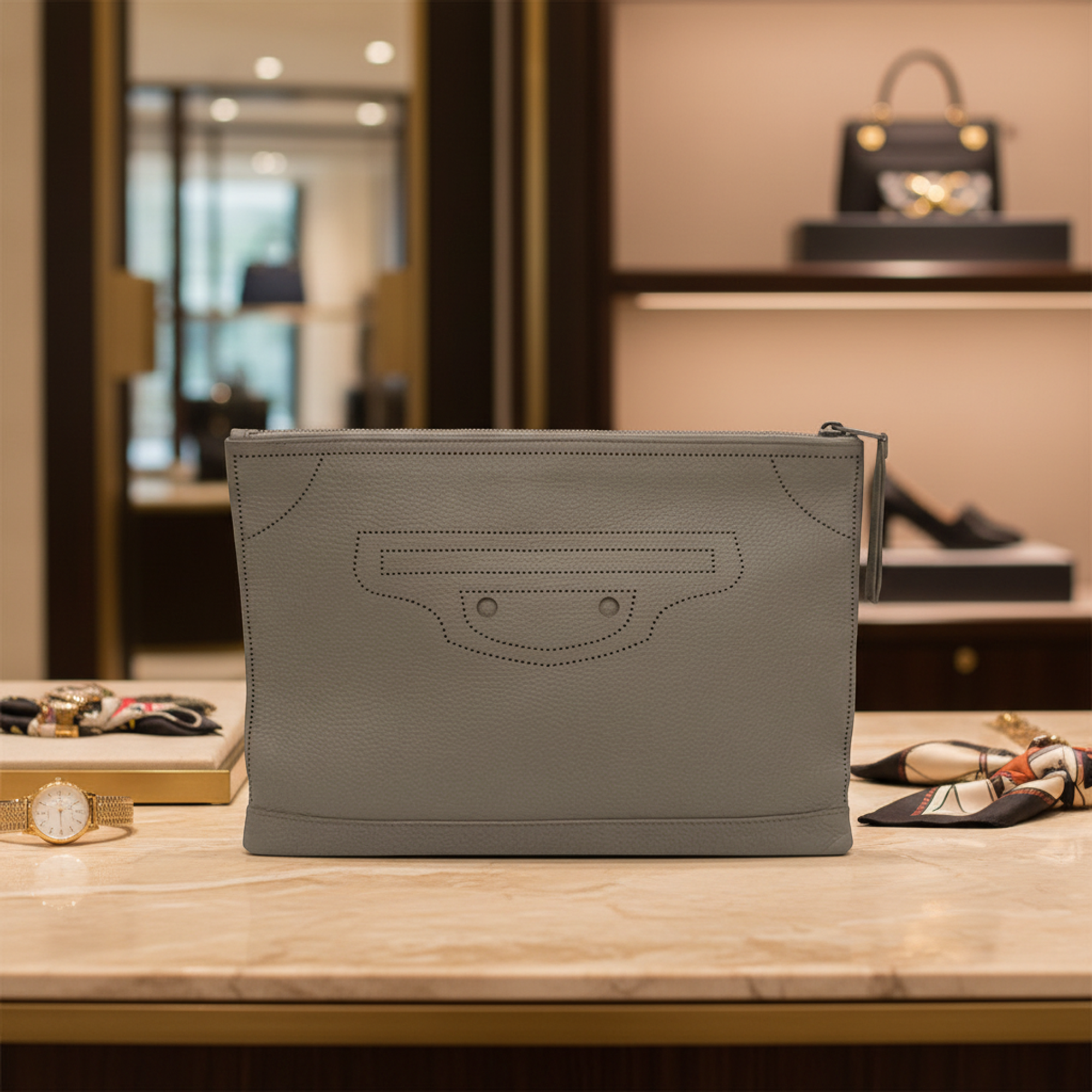 Balenciaga Classic · Greige Leather Clutch