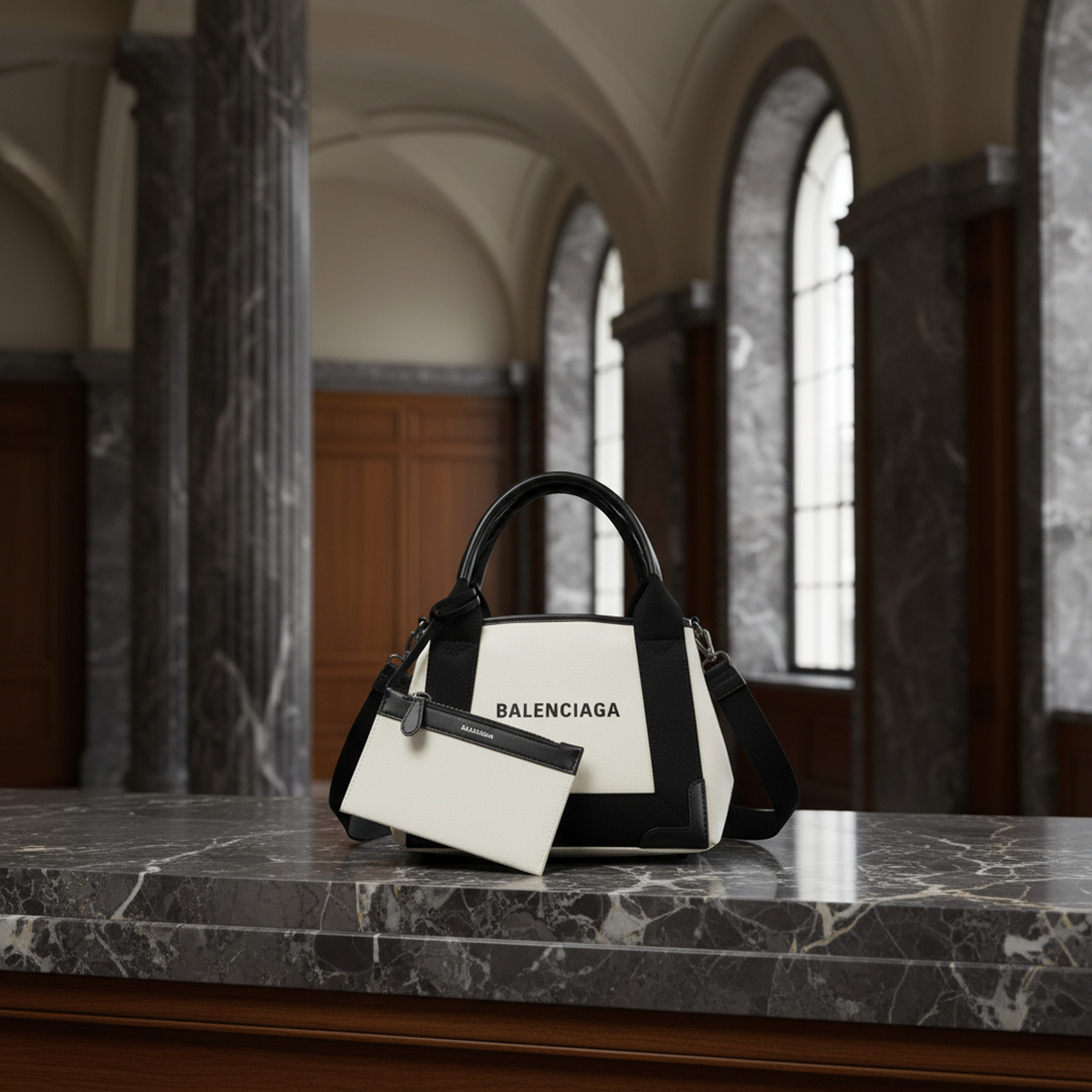Balenciaga Navy Cabas XS · Canvas & Leather