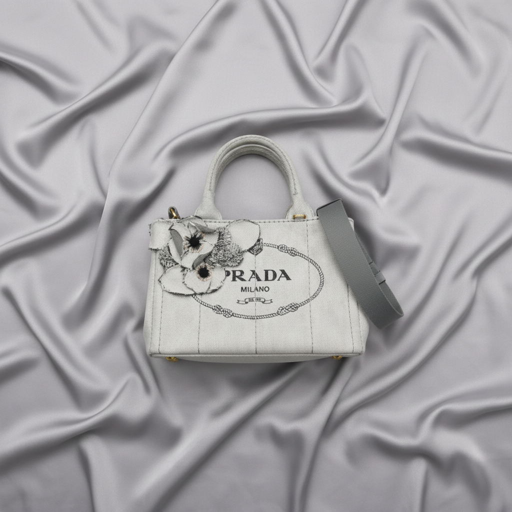 Prada Canapa · Denim · Flower Corsage
