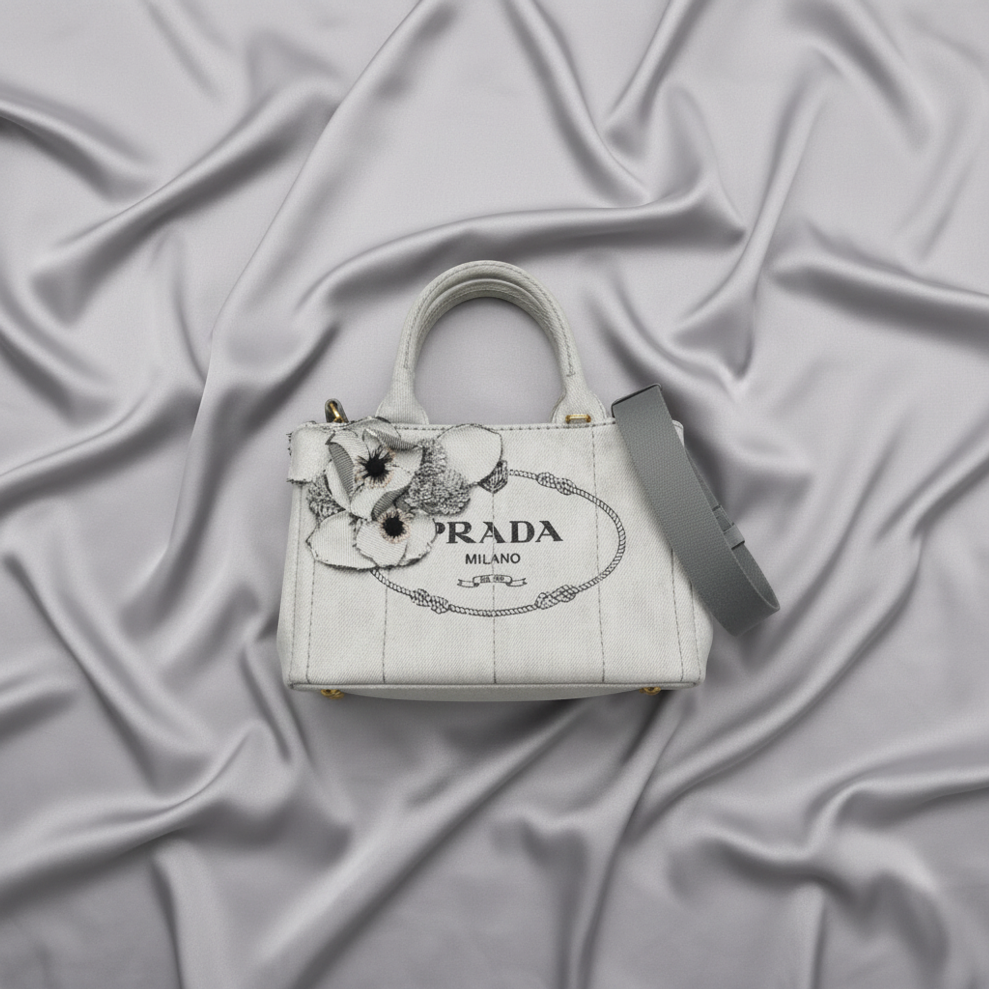 Prada Canapa · Denim · Flower Corsage