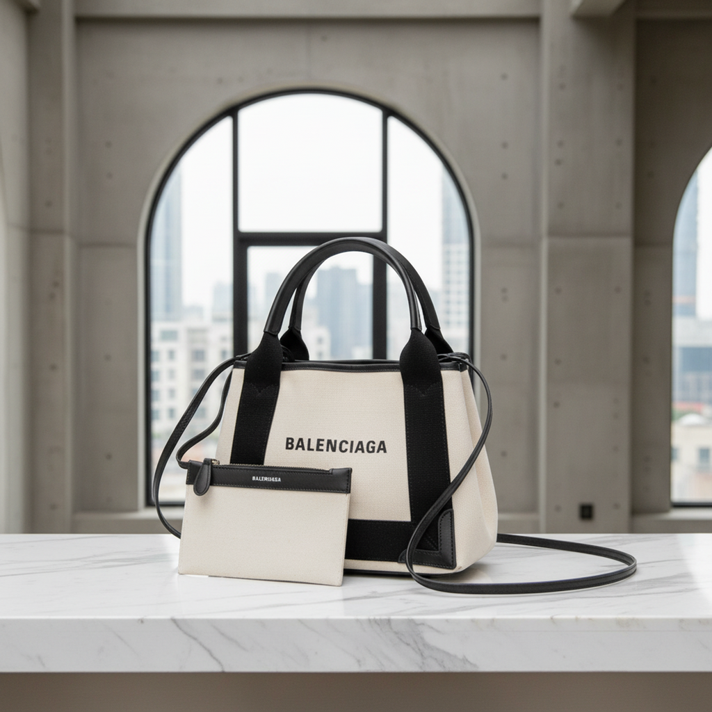 Balenciaga Navy Cabas XS · Canvas & Leather