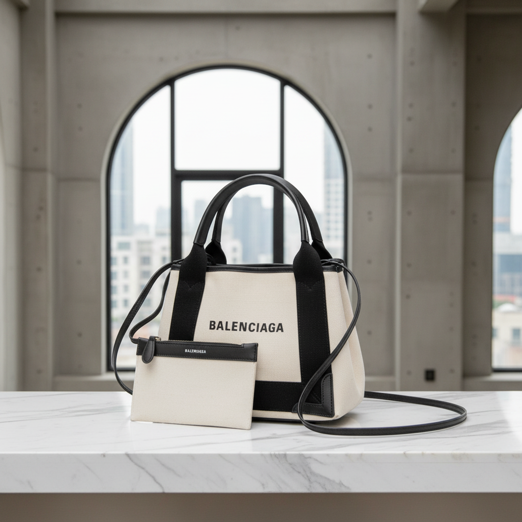 Balenciaga Navy Cabas XS · Canvas & Leather