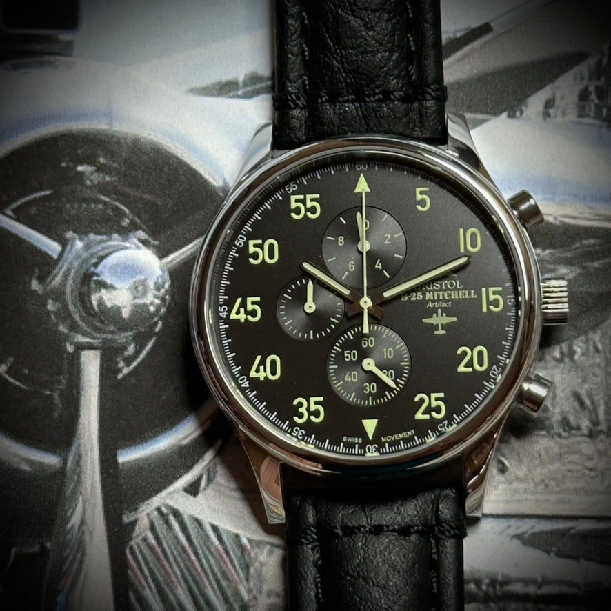 B-25 Mitchell Tribute - Stainless Steel, Polished Finish, Black Leather Band