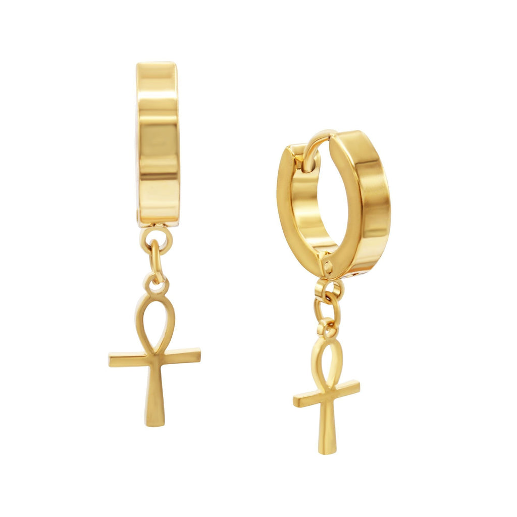 Ankh Cross Pendant Huggie Hoops 14K Gold Plated Silver Black Earrings
