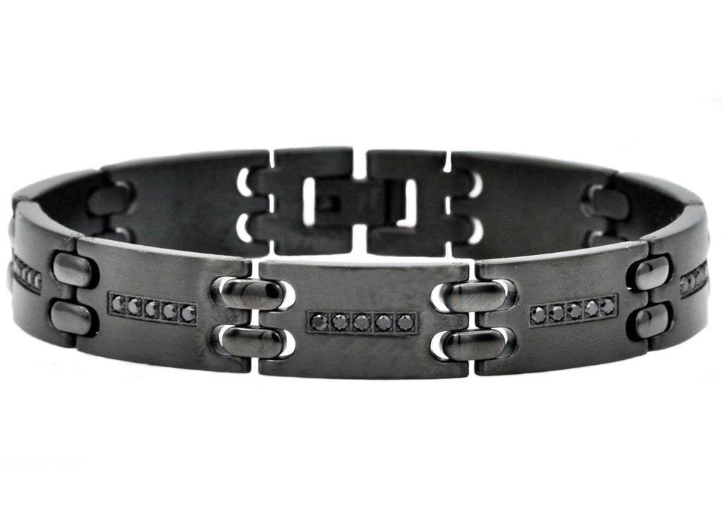 Mens Black Stainless Steel Bracelet With Black Cubic Zirconia