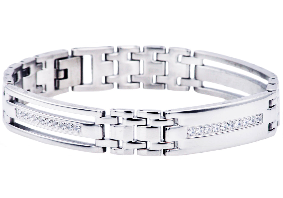 Mens Stainless Steel Link Bracelet With Cubic Zirconia