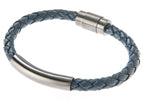 Mens Blue Leather Gunmetal Stainless Steel Bracelet