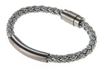Mens Gray Leather Gunmetal Plated Stainless Steel Bracelet