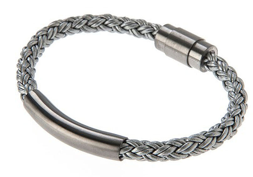 Mens Gray Leather Gunmetal Plated Stainless Steel Bracelet