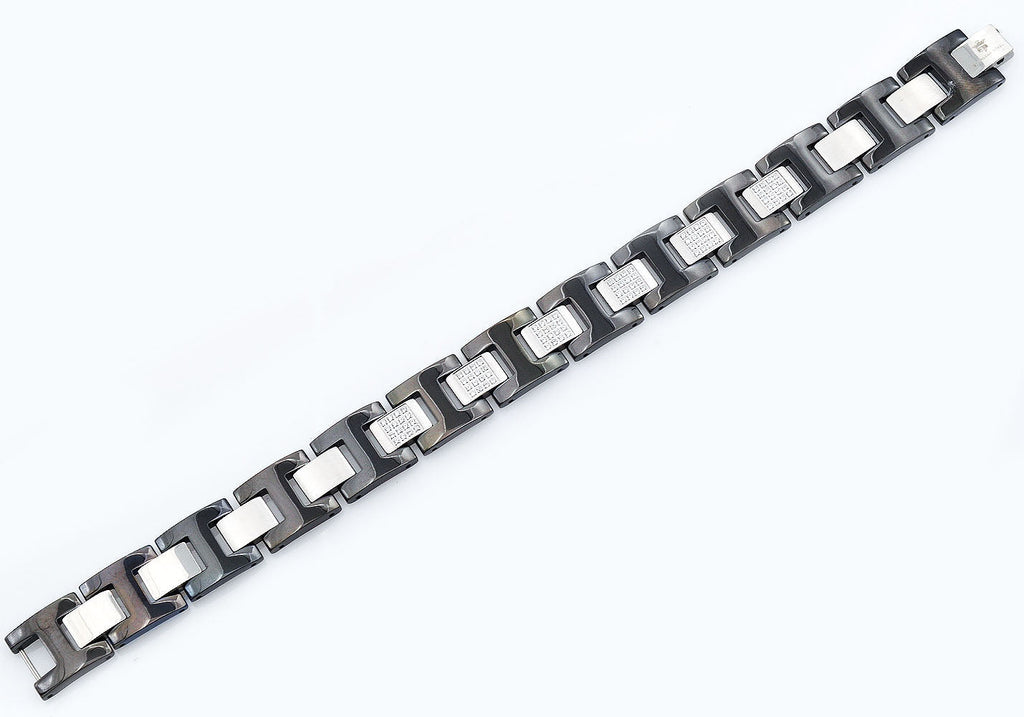 Mens Black Stainless Steel Bracelet with Cubic Zirconia With Double Clasp