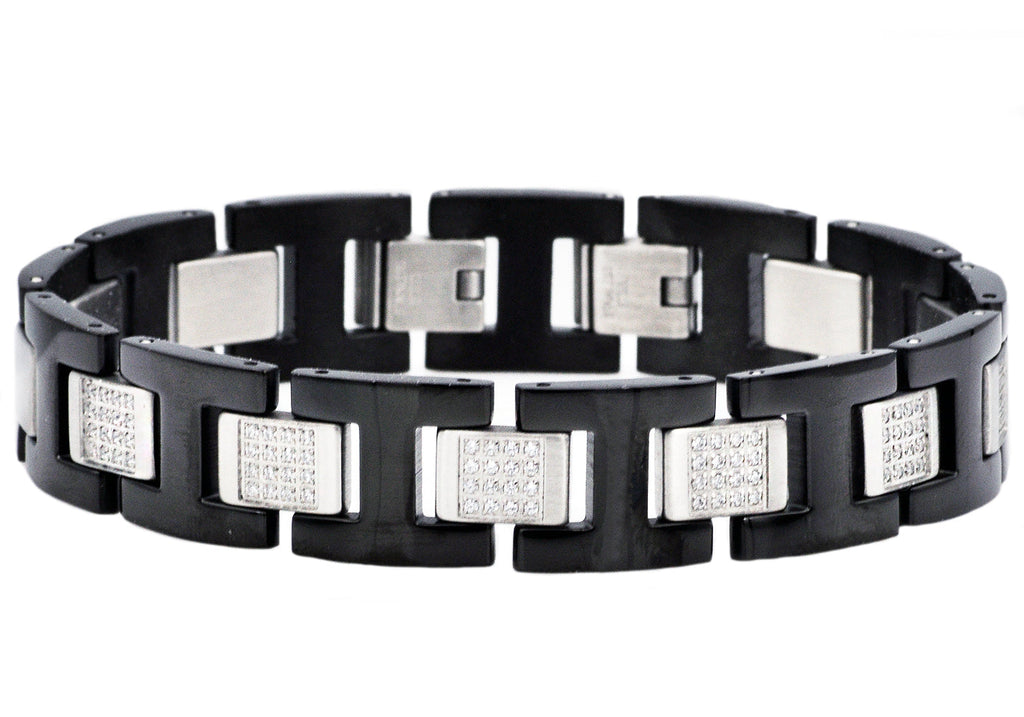 Mens Black Stainless Steel Bracelet with Cubic Zirconia With Double Clasp