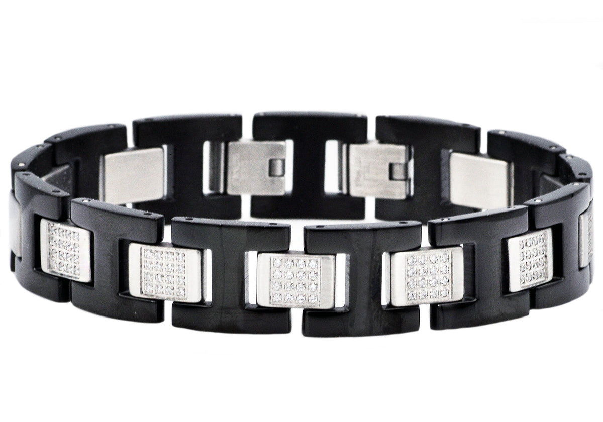 Mens Black Stainless Steel Bracelet with Cubic Zirconia With Double Clasp