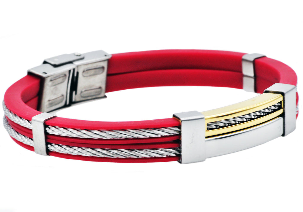 Mens Red Silicone Gold Stainless Steel Wire Bangle Bracelet