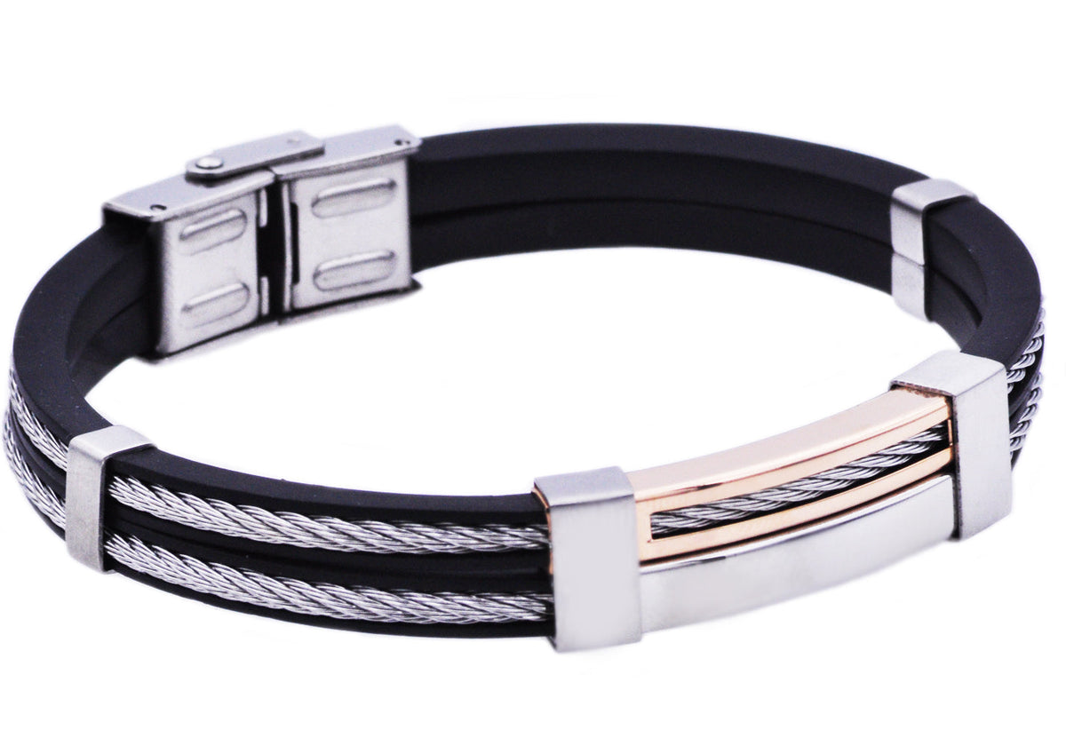 Mens Black Silicone Rose Stainless Steel Wire Bangle Bracelet