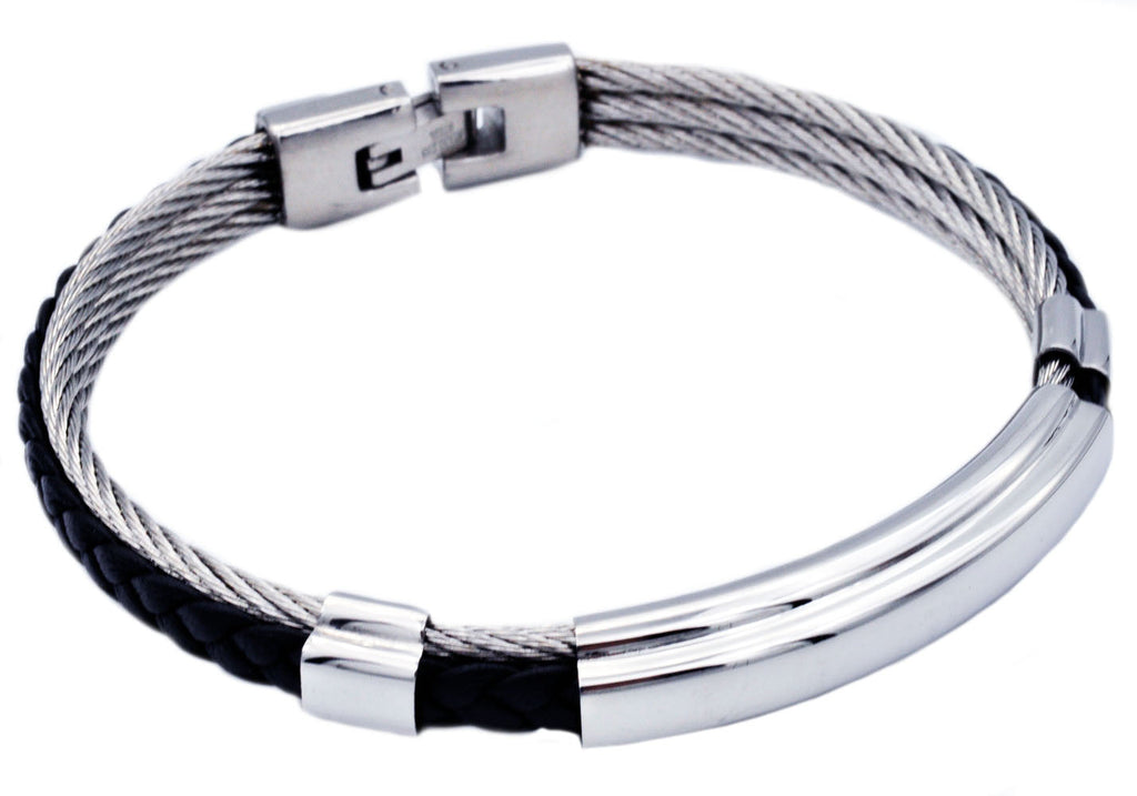 Mens Black Leather Stainless Steel Wire Bangle