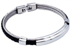 Mens Black Leather Stainless Steel Wire Bangle