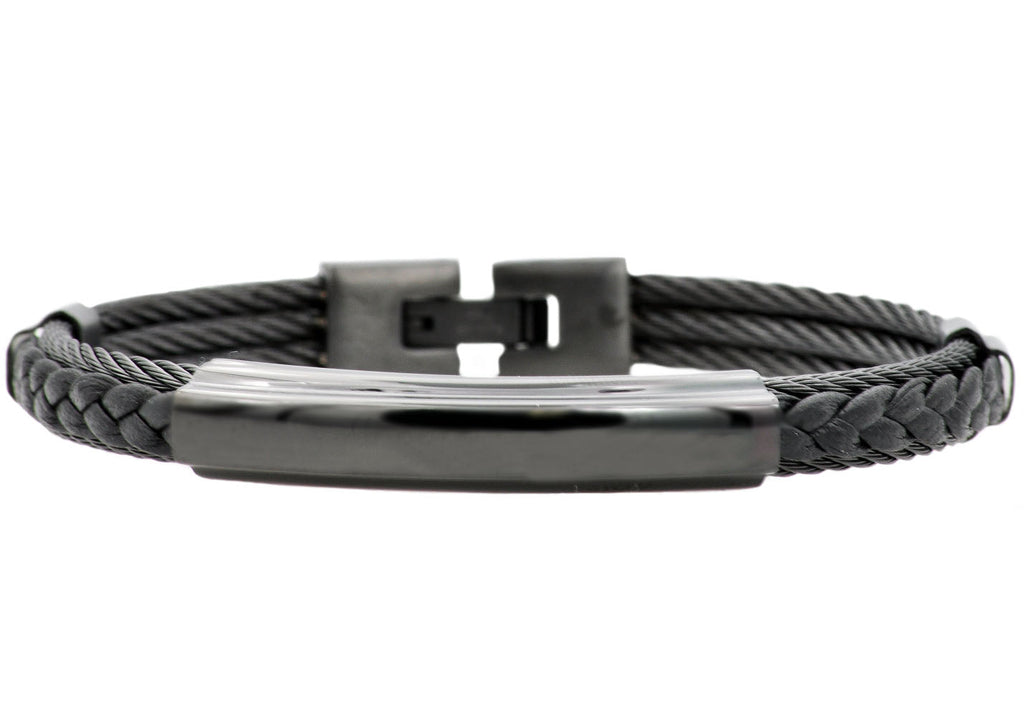 Mens Black Leather And Black Stainless Steel Wire Bangle