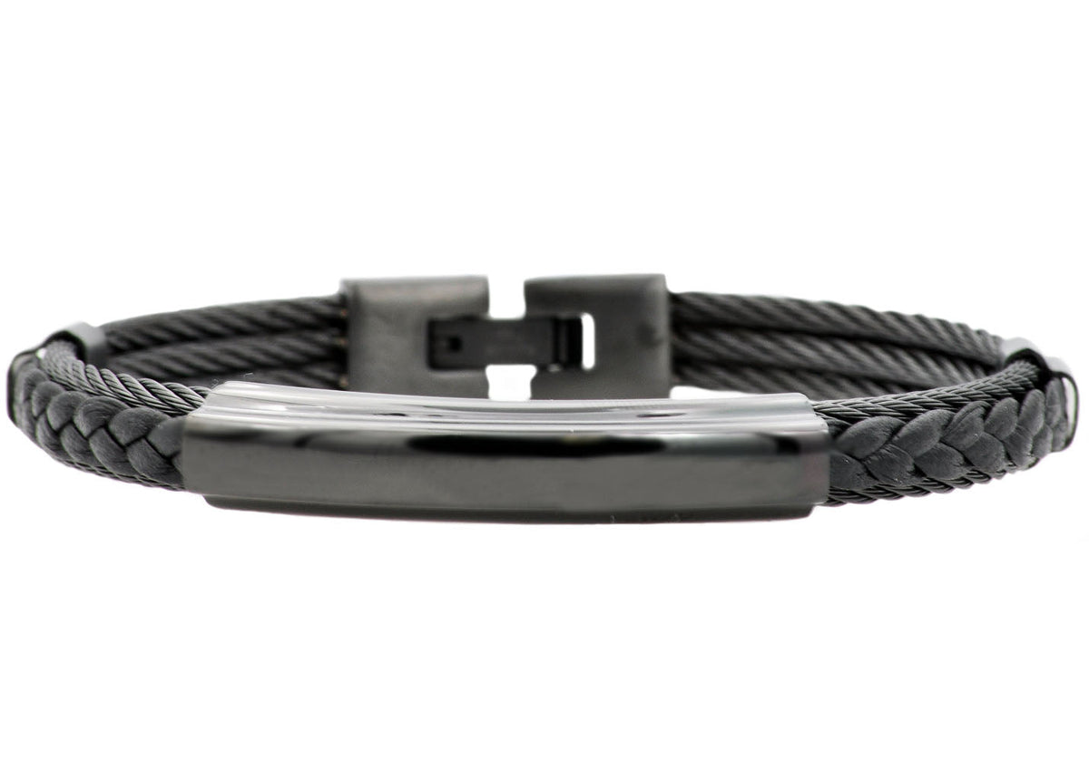 Mens Black Leather And Black Stainless Steel Wire Bangle
