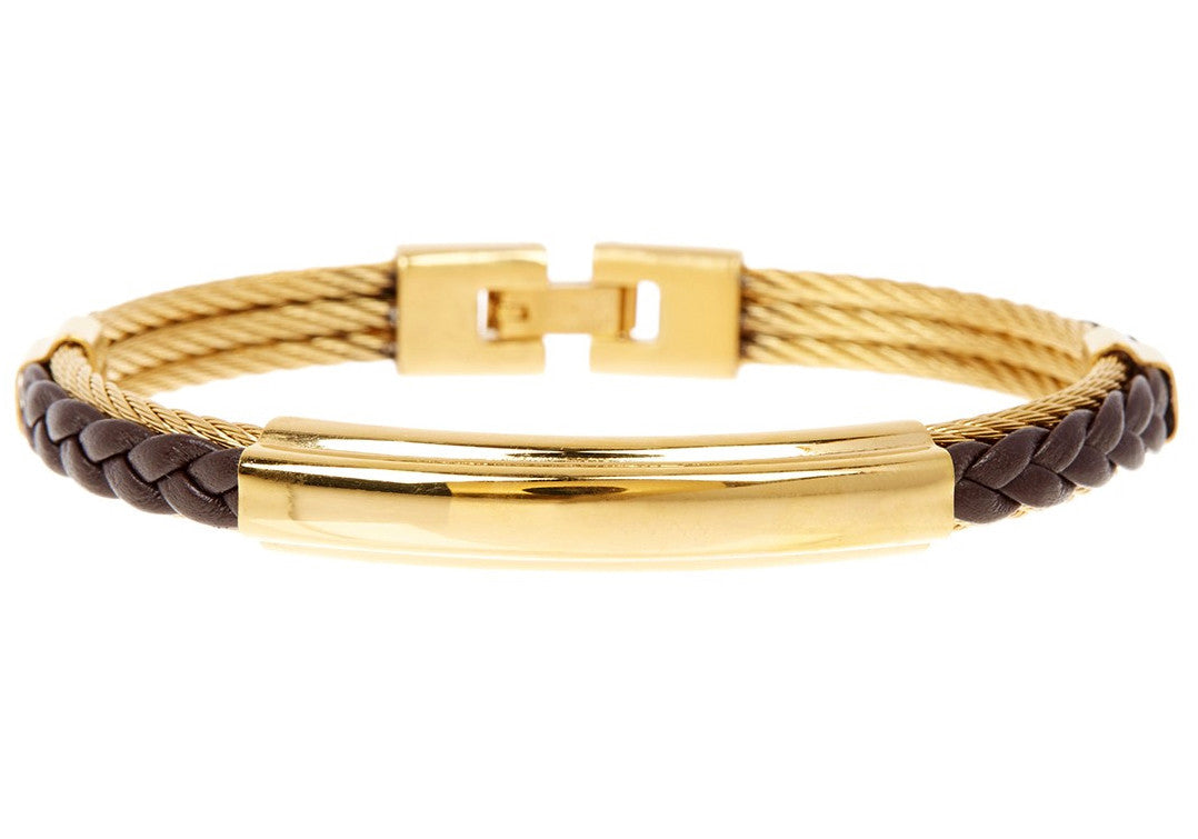Mens Brown Leather Gold Stainless Steel Wire Bangle
