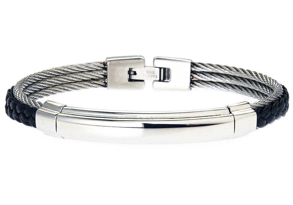 Mens Black Leather Stainless Steel Wire Bangle