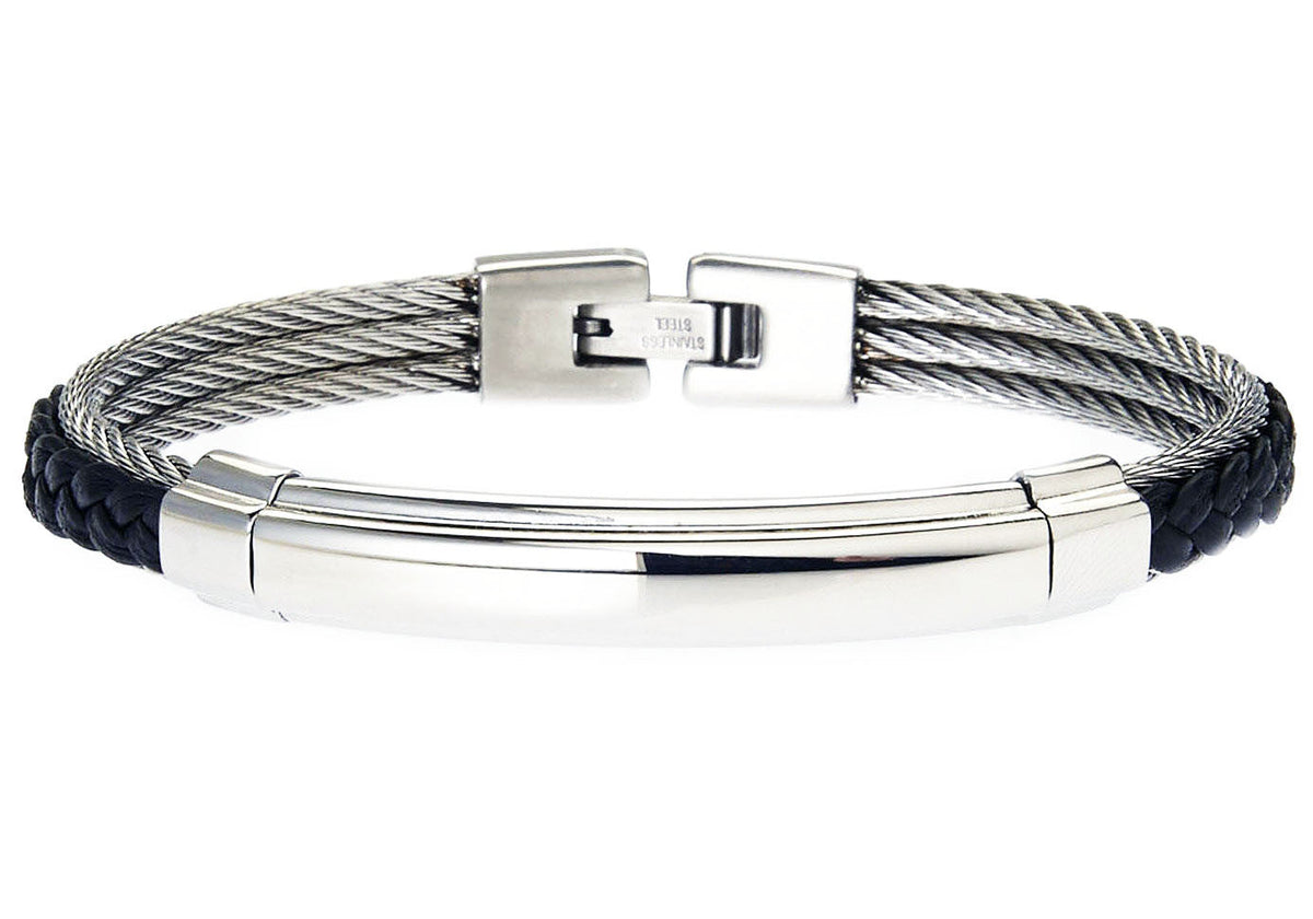 Mens Black Leather Stainless Steel Wire Bangle