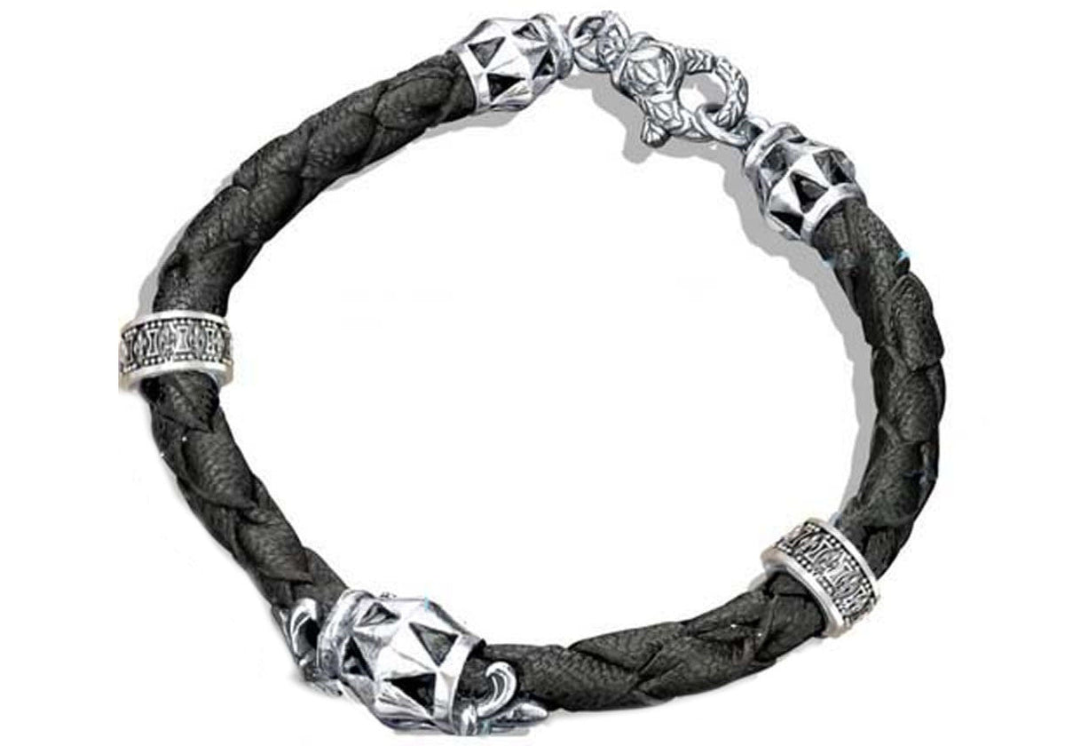 Mens Black Leather And Stainless Steel Bracelet