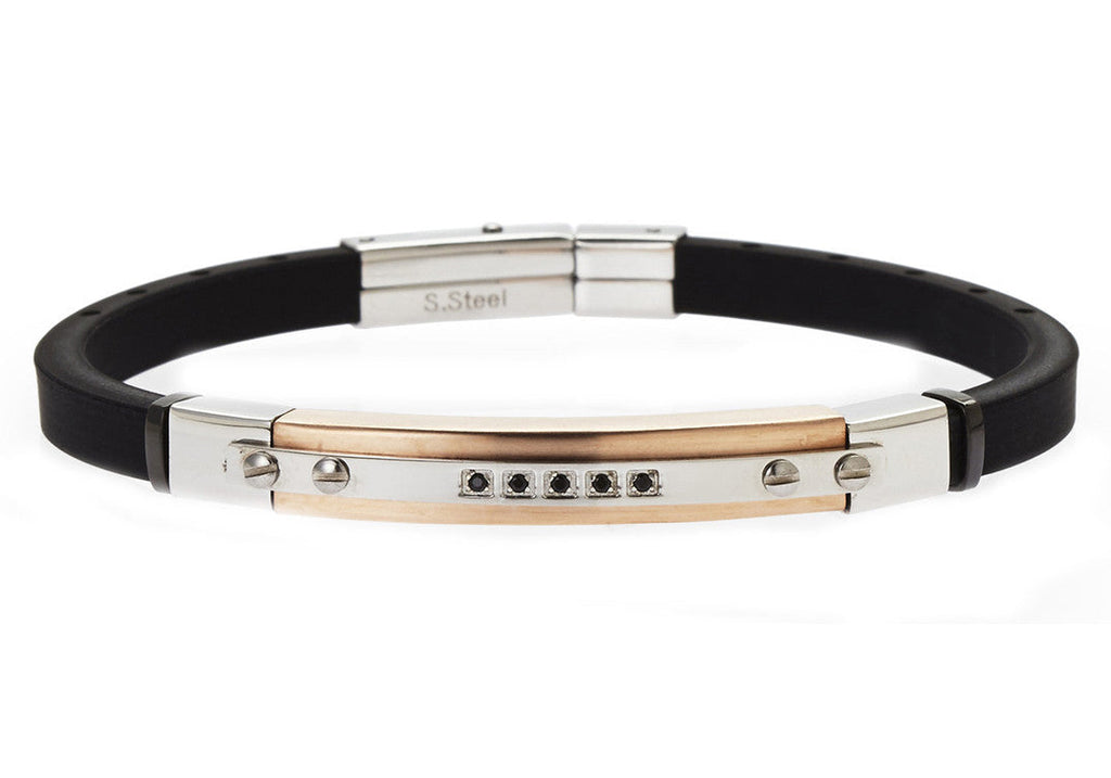 Mens Black Rubber And Rose Stainless Steel Bracelet With Cubic Zirconia