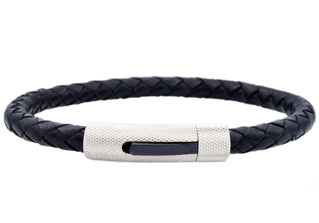Mens Black Leather And Stainless Steel Bracelet