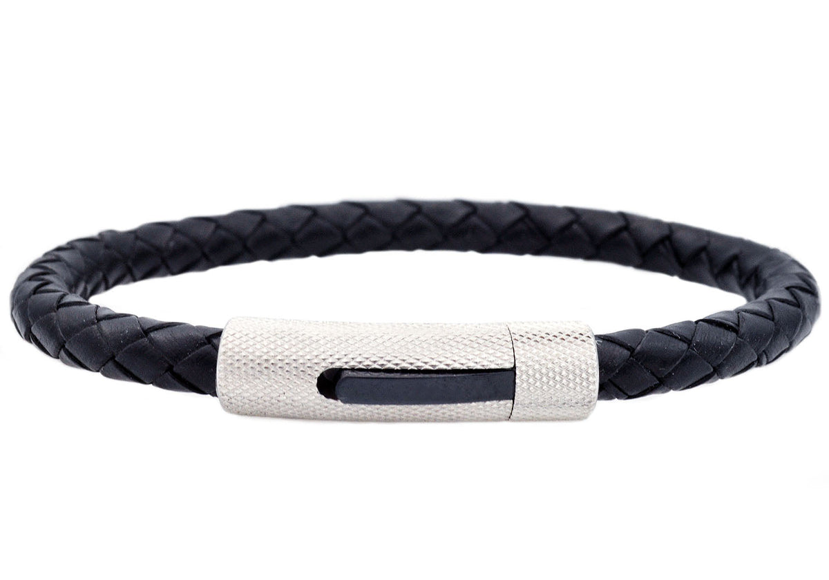 Mens Black Leather And Stainless Steel Bracelet