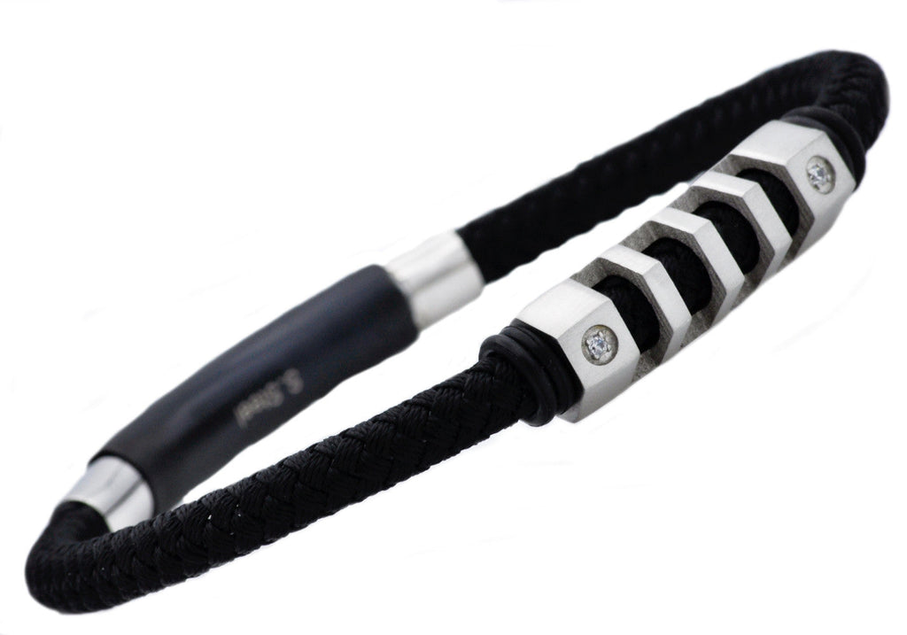 Mens Stainless Steel Black Cotton Rope Bracelet With Cubic Zirconia