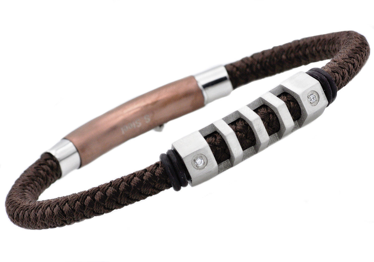 Mens Stainless Steel Brown Cotton Rope Bracelet With Cubic Zirconia