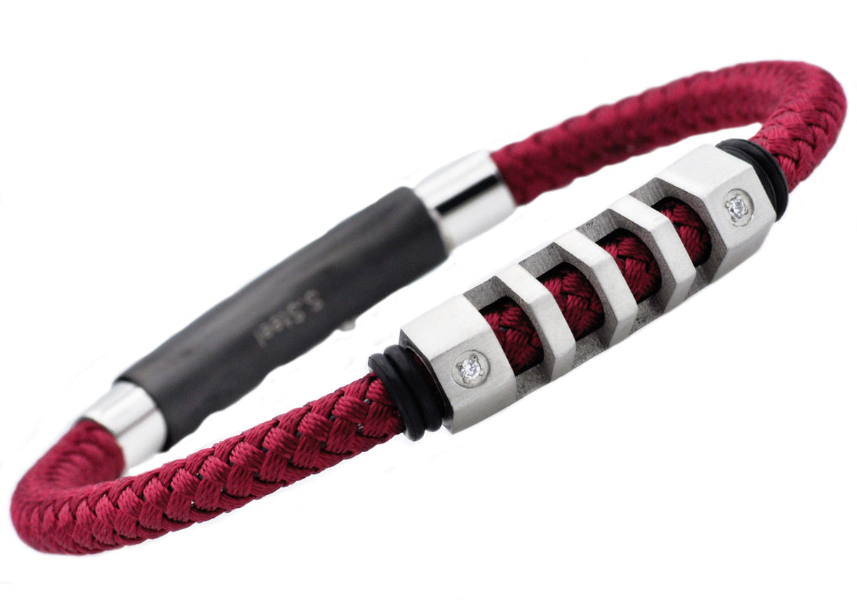 Mens Stainless Steel Red Cotton Rope Bracelet With Cubic Zirconia