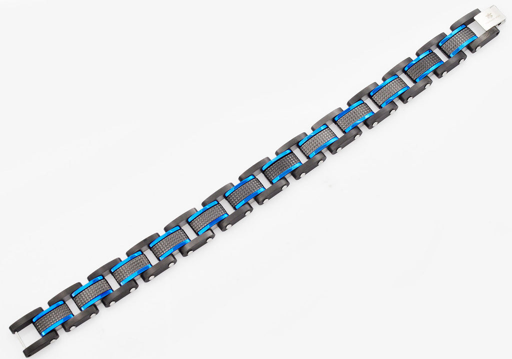Mens Black Plated Textured Stainless Steel Bracelet With Blue Plated Lines