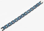 Mens Black Plated Textured Stainless Steel Bracelet With Blue Plated Lines