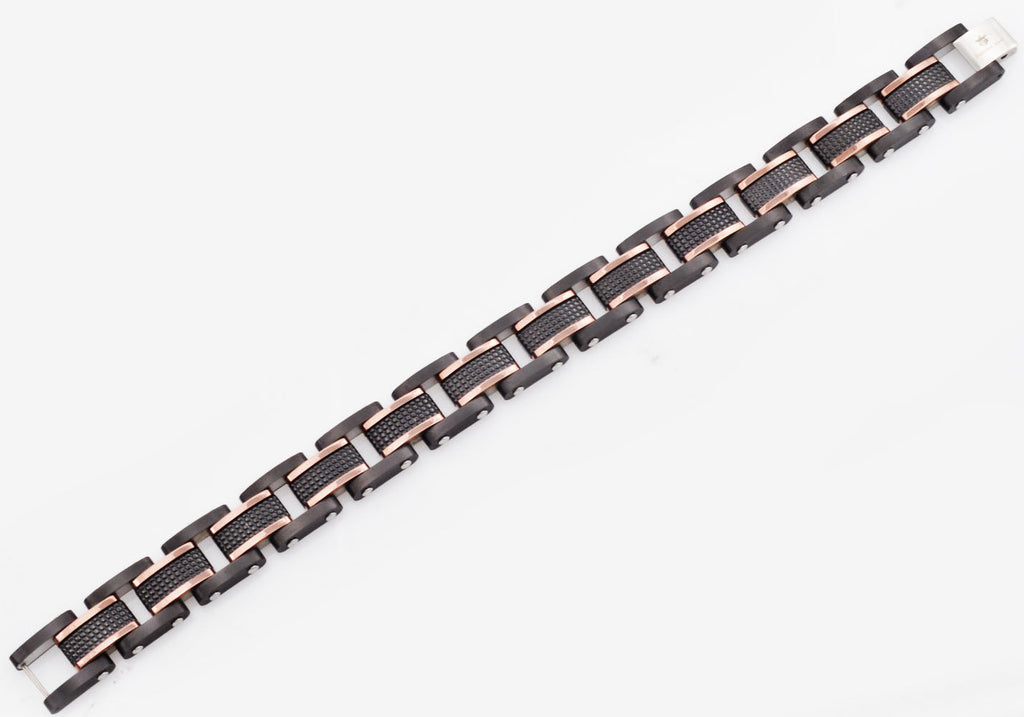 Mens Black Plated Textured Stainless Steel Bracelet With Chcoloate Plated Lines
