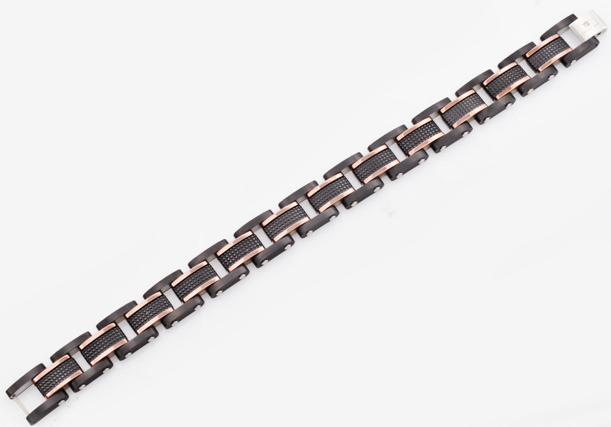 Mens Black Plated Textured Stainless Steel Bracelet With Chcoloate Plated Lines