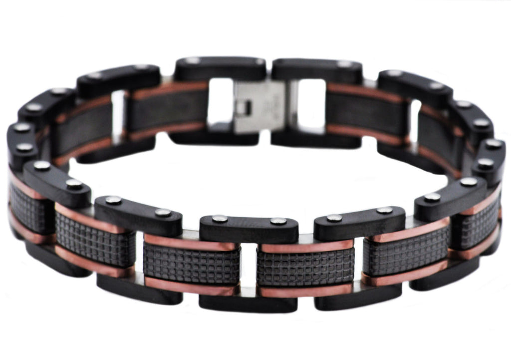 Mens Black Plated Textured Stainless Steel Bracelet With Chcoloate Plated Lines